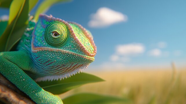 Vibrant chameleon resting on a branch, colorful reptile blending in with lush greenery, ideal for nature-themed projects.