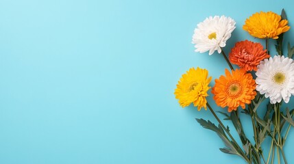 Colorful bouquet of flowers, vibrant orange, yellow, and white blooms against a soft blue backdrop, perfect for floral designs.
