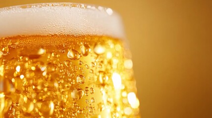 Frothy beer in glass, golden brew with bubbles and foam, ideal for casual gatherings or celebrations, with copy-space for text.