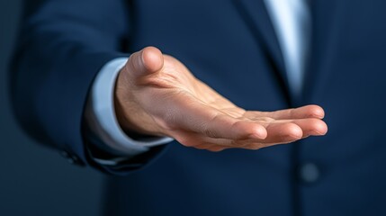 Fototapeta premium Businessman in suit extends hand, a symbol of partnership, deal, and agreement in the corporate world