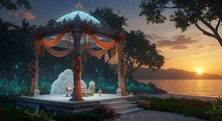 Obraz premium Ornate Pavilion at Sunset on Beach with Decorative Accents