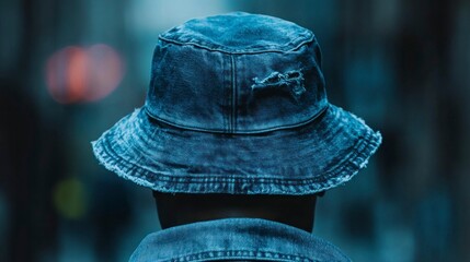 Trendy handmade bucket hat from recycled jeans urban street style fashion accessory city environment back view