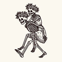 Fototapeta premium Skeleton couple wear flower crown giving a piggyback ride minimalist vector drawing a romantic autumn scene