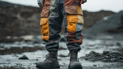 Upcycled cargo pants fashion event urban environment apparel photography vintage style creative perspective