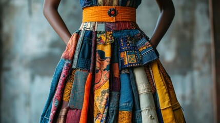 Diy patchwork skirt creation with mixed textile patterns in urban studio environment fashion design concept