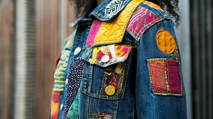 Handmade patchwork denim jacket showcase urban setting fashion photography vibrant textiles close-up view creative style