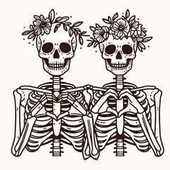 Skeleton couple wear flower crown curve your hands inward to make a heart gesture a minimalist monochrome vector drawing of eternal love.