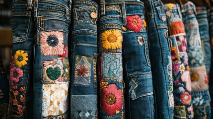 Handcrafted upcycled patchwork jeans with embroidery artisan studio fashion showcase colorful textiles close-up sustainable fashion