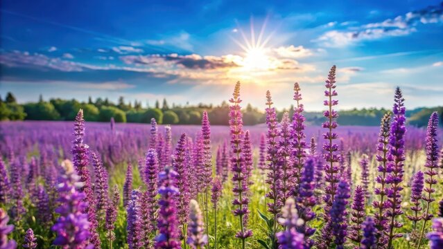 Serene landscape with flowering meadow sage in full bloom against a clear blue sky on a warm sunny day, purple flowers, floral meadow