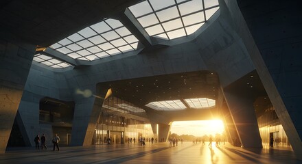 Fototapeta premium People Walking Through Modern Concrete Building with Sunlight and Geometric Design