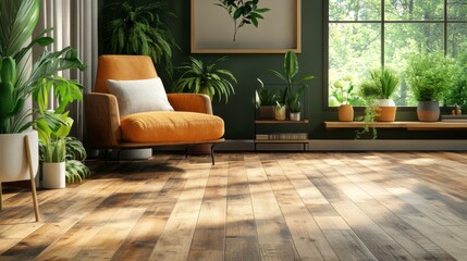 Modern Room with Sunlight and Shadows on Hardwood Floor