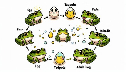 Frog life cycle stages from egg to adult in a pond environment illustrated diagram