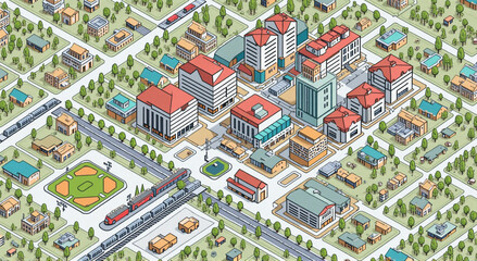 Obraz premium collage of photos, city, isometric, building, architecture, house, view, aerial, town, street, vector, urban, panorama, home, cityscape, buildings, landscape, map, construction, travel, residential, b