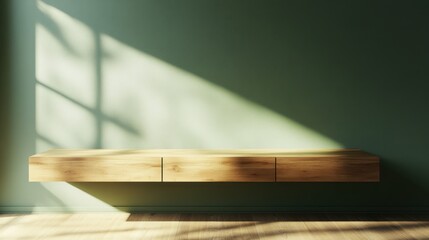Minimalist Wooden Shelf in Sunlit Green Room
