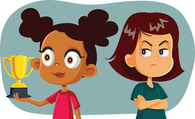 Girl Being Envious of Her Friend Winning a Trophy Vector Illustration. Competitive child jealous of her friend that has more success than her 
