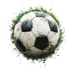 Naklejka premium Grunge Soccer Ball Surrounded by Grass Artistic Design, isolated on transparent background