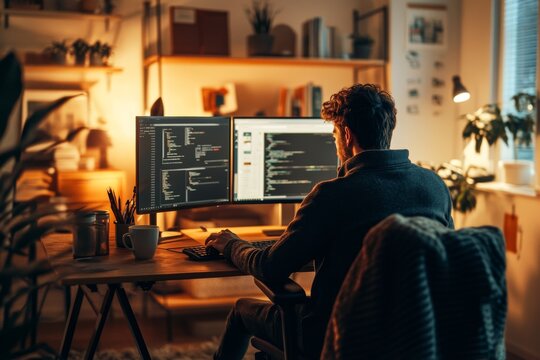 Freelancers are confident in working remotely from a warm and tidy home office. Easily manage projects with a dual monitor setup that shows commitment and productivity.