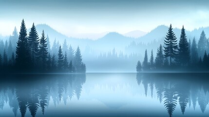 Fototapeta premium Serene misty lake with majestic mountains and lush trees, a tranquil nature wallpaper