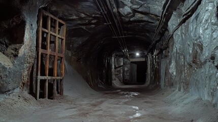 Fototapeta premium Dark, damp mine tunnel with rusty gate and dirt floor.