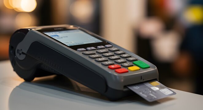 Payment Terminal with Card: A modern payment terminal displays a digital screen with a credit card inserted, symbolizing secure transactions and the ease of cashless payment methods.