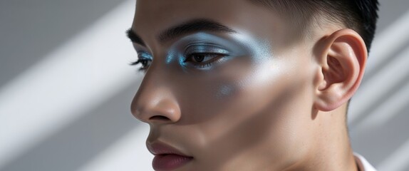 Side profile of a man with shimmering metallic eyeshadow and highlighter applied with a brush.