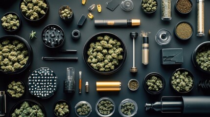 Flatlay of cannabis buds, grinders, and accessories on dark background.