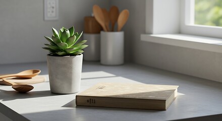 Elegant kitchen countertop still life with plant, book, and wood utensils