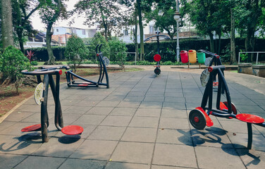 Various outdoor gym fitness equpment in Taman Lansia Park - Jagakarsa, Jakarta. Fresh Outdoor gymnastic workout equipment.