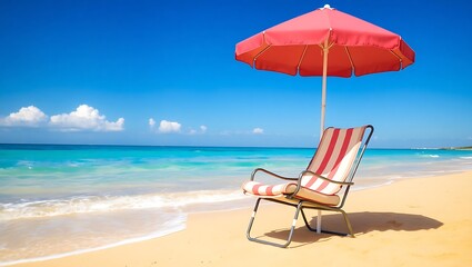 Relaxing Beach Scene with Chair, Umbrella, and Ocean on a Sunny Day