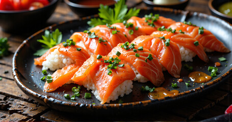 Delicious salmon sushi nigiri served on a dark plate, garnished with herbs, and placed on a rustic wooden table in a cozy restaurant setting.