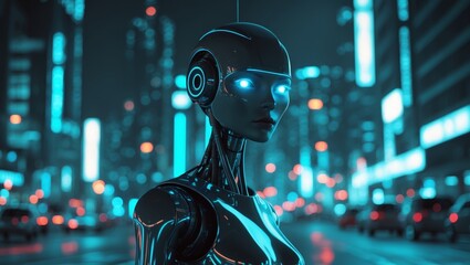 Futuristic robot with glowing blue eyes and metallic skin in a modern urban environment during nighttime