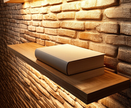 A blank hardcover book on a wooden shelf, with soft lighting highlighting its edges