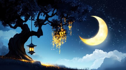 Pixel Art Night Scene with Glowing Lantern Hanging from Tree under Crescent Moon