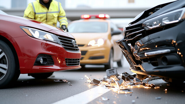 Realistic Photo of Multi-car Pileup on Highway with Emergency Responders