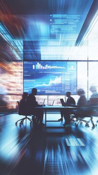 boardroom with professionals exchanging financial reports and glowing charts