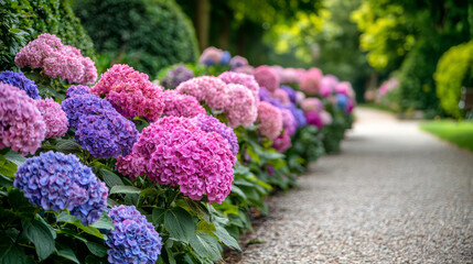 A row of hydrangeas in various shades of pink and purple, neatly arranged along the edge of an elegant garden path