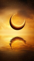 Pixel Crescent Moon Reflecting in Golden Sunset Water
