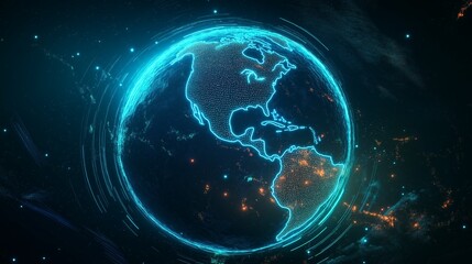 Digital holographic Earth with neon outlines, glowing energy field, futuristic tech-inspired deep space setting.