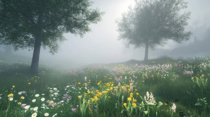 Fototapeta premium Misty meadow with wildflowers and trees.