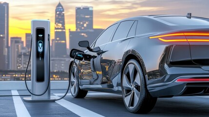 Fototapeta premium Electric Vehicle Charging Station at Sunset in Urban Environment
