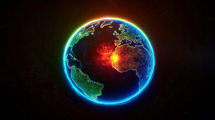 Obraz premium Earth with glowing neon borders, electric blue and green continents, fiery red planetary energy core.