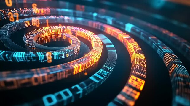 Abstract digital spiral with glowing data streams and binary code, symbolizing technology and innovation