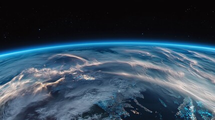 Fototapeta premium Panoramic Earth view from space with glowing weather data overlays