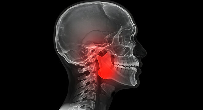 Skull X-ray Showing Jaw Joint Inflammation and Neck Pain Highlighted in Red
