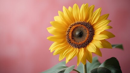 Obraz premium Vibrant yellow sunflower against a soft pink background.