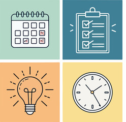 Productivity Concept Icon Set – Editable Stroke Vector Symbols for Efficiency