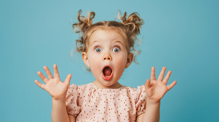 Portrait of a surprised cute little toddler girl child over a pink background, looking at the camera, pointing hands to the left side. Advertising children's products.
