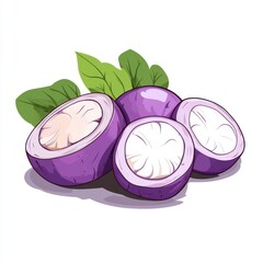 Purple Sliced Tropical Fruit Illustration with Green Leaves