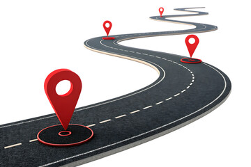 Road with location markers following a winding path showcasing navigation and journey concepts
