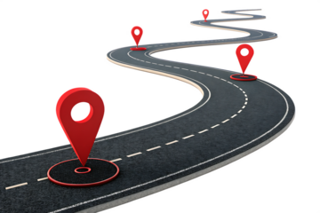 Road with location markers following a winding path showcasing navigation and journey concepts
